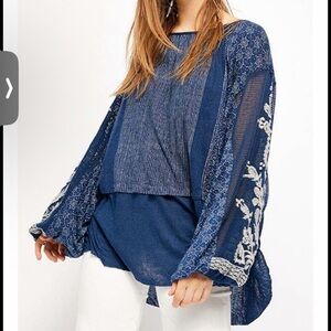 Free People Indigo Dreams Tunic Top Womens Sz S Balloon Sleeve Embroidered Blue